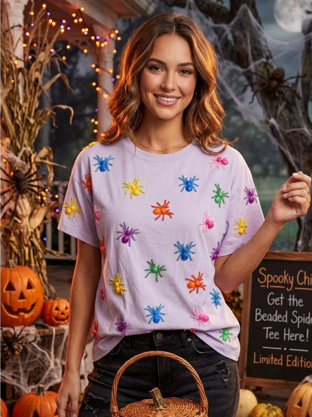 New! QUEEN OF SPARKLES Lavender Halloween Multi Spider Short Sleeve Tee
